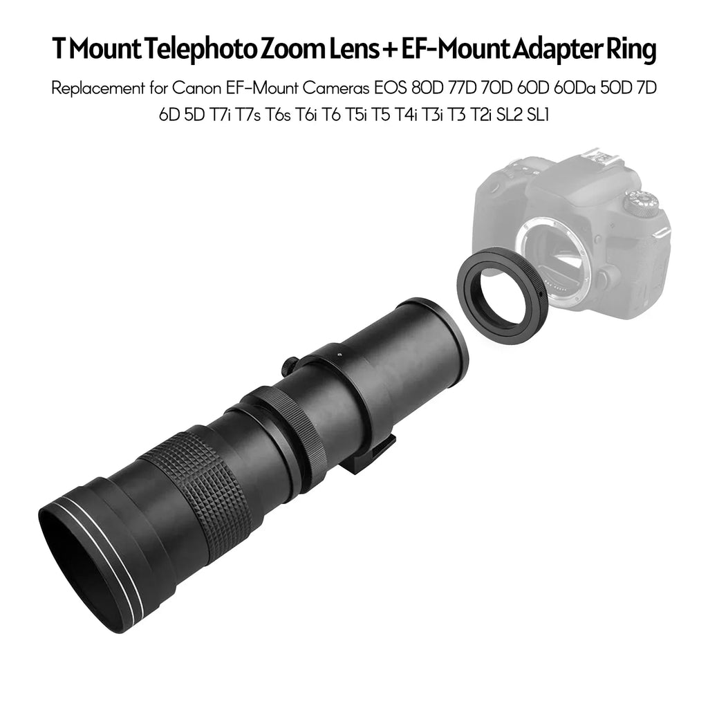Suzicca Camera MF Super Telephoto Zoom Lens F/8.3-16 420-800mm T Mount with Adapter Ring Universal 1/4 Thread Replacement for  EF-Mount Cameras 80D 77D 70D 60D 60Da 50D 7D 6D 5D T7i T7s T6s T6