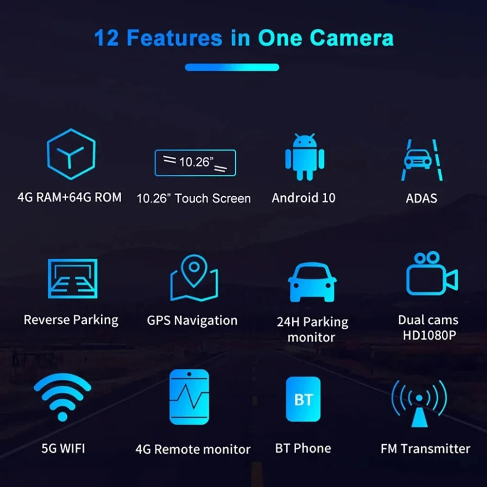 Anself 10.26 Inch Dual Camera Car DVR Android 10.0 GPS Navigation Dashcam WIFI