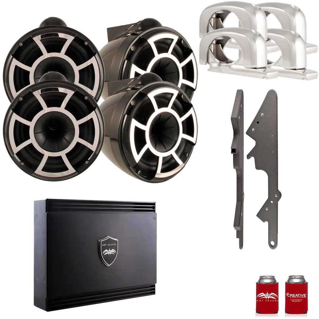 Wet Sounds For Malibu G3: Two Pairs of REV10B-SC 10" Black Swivel Tower Speakers with G3 Adapters & SDX2 Amplifier