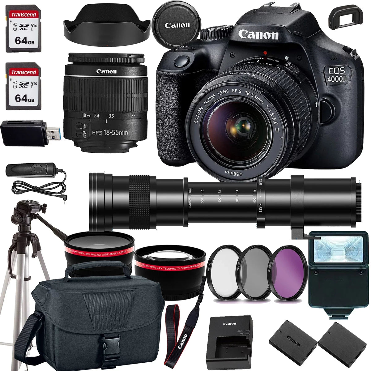 EOS 4000D/Rebel T100 DSLR Camera w/ EF-S 18-55mm F/3.5-5.6 Zoom Lens+420-800mm HD Telephoto Zoom lens+case+128Memory Cards (24PC)