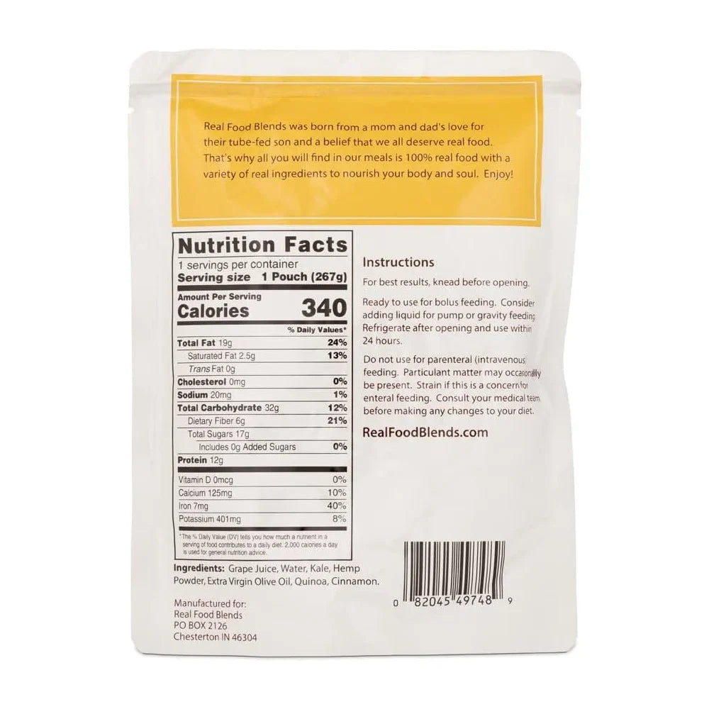 Real Food Blends - Quinoa, Kale & Hemp - Meals for Tube Fed People - 9.4 Oz Pouch (Pack of 12)