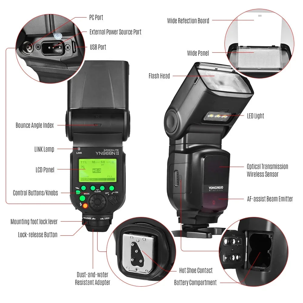 YONGNUO YN968N II Wireless TTL Flash Speedlite with Built-in 5600K LED Light, 1/8000s HSS, appropriate with  DSLR Cameras and YN622N YN560 Wireless System