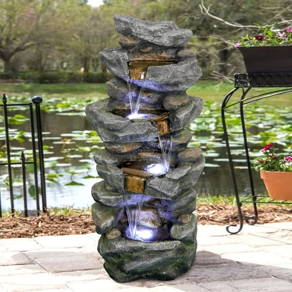 Fithood 40inches High Stacked Simulated Rock moisture Fountain with LED Lights