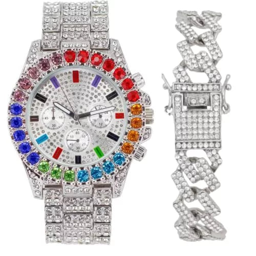 Iced Out Colourful Rainbow Flame Collection (ST10327CO-ZZ SLV). Charles Raymond Iced Out Mens Color on Blast Watch Single or Combo Sets with Blinged Out Bracelets Set