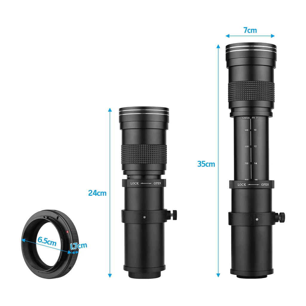 Suzicca Camera MF Super Telephoto Zoom Lens F/8.3-16 420-800mm T Mount with Adapter Ring Universal 1/4 Thread Replacement for  EF-Mount Cameras 80D 77D 70D 60D 60Da 50D 7D 6D 5D T7i T7s T6s T6