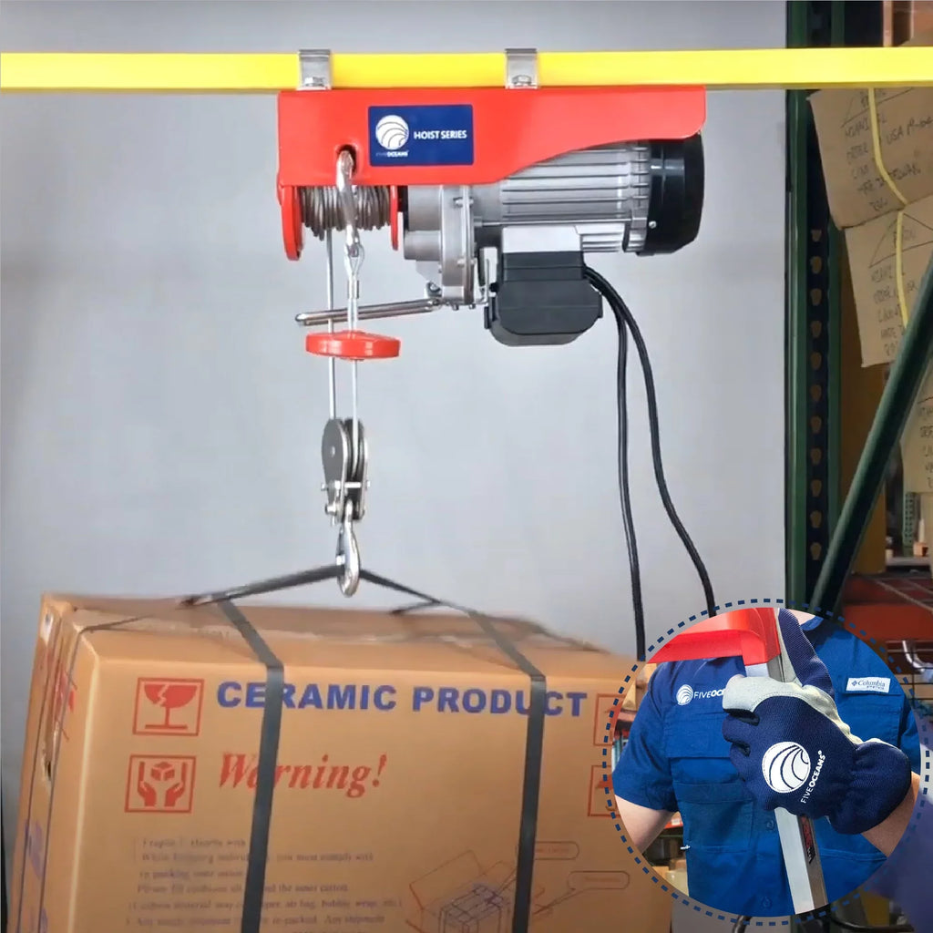 Five Oceans Electric Hoist, Hoist Pulley System, Pulley Hoist, 440 Lb Electric Winch 20FT Remote Control 120 V, Includes Working Gloves for Garage, Factory Lifting Emergency Stop Button - FO3780-C1