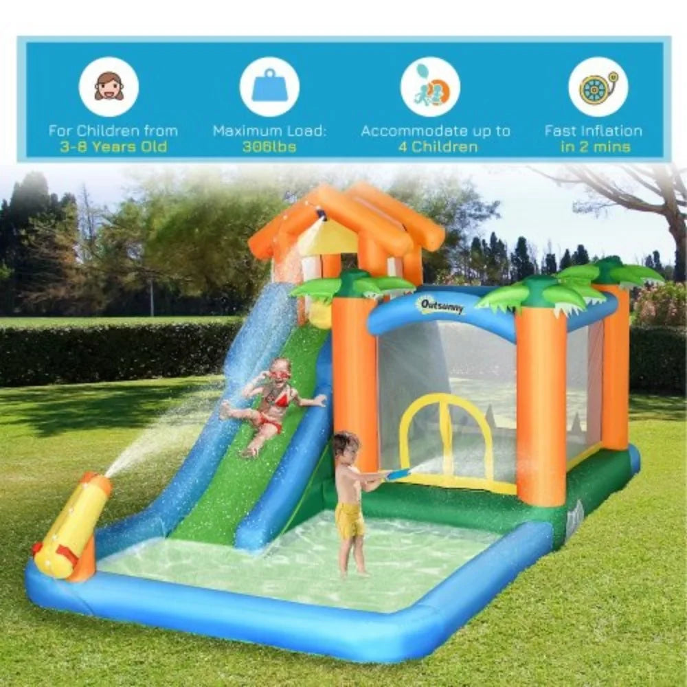 Outsunny 6-in-1 Tropical Inflatable liquid Slide Summer Theme Jumping Castle Includes Floating Ball Slide Trampoline Pool Cannon Climbing Wall with Carry Bag, Repair Patches and 450W Air Blower