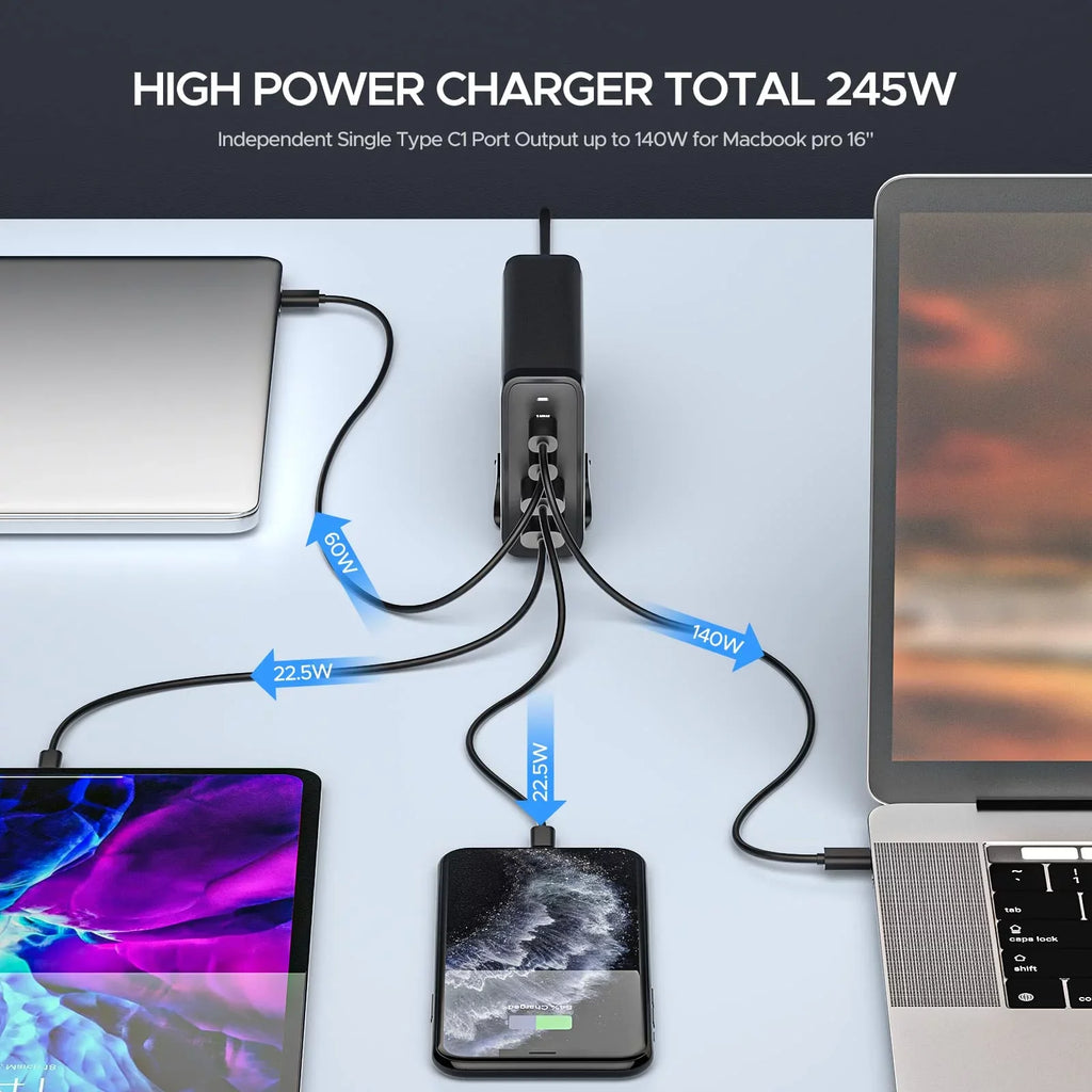 Key Power 245W USB C Charger Station, 140W PD 3.1 GaN Type C Power Adapter with 4Port Fast Charge for Macbook Air/ Pro 16",  XPS, iPad, iPhone, Galaxy, Steam Deck