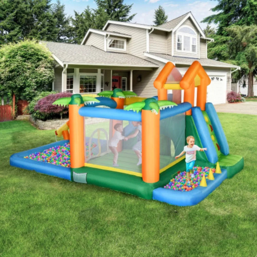 Outsunny 6-in-1 Tropical Inflatable liquid Slide Summer Theme Jumping Castle Includes Floating Ball Slide Trampoline Pool Cannon Climbing Wall with Carry Bag, Repair Patches and 450W Air Blower