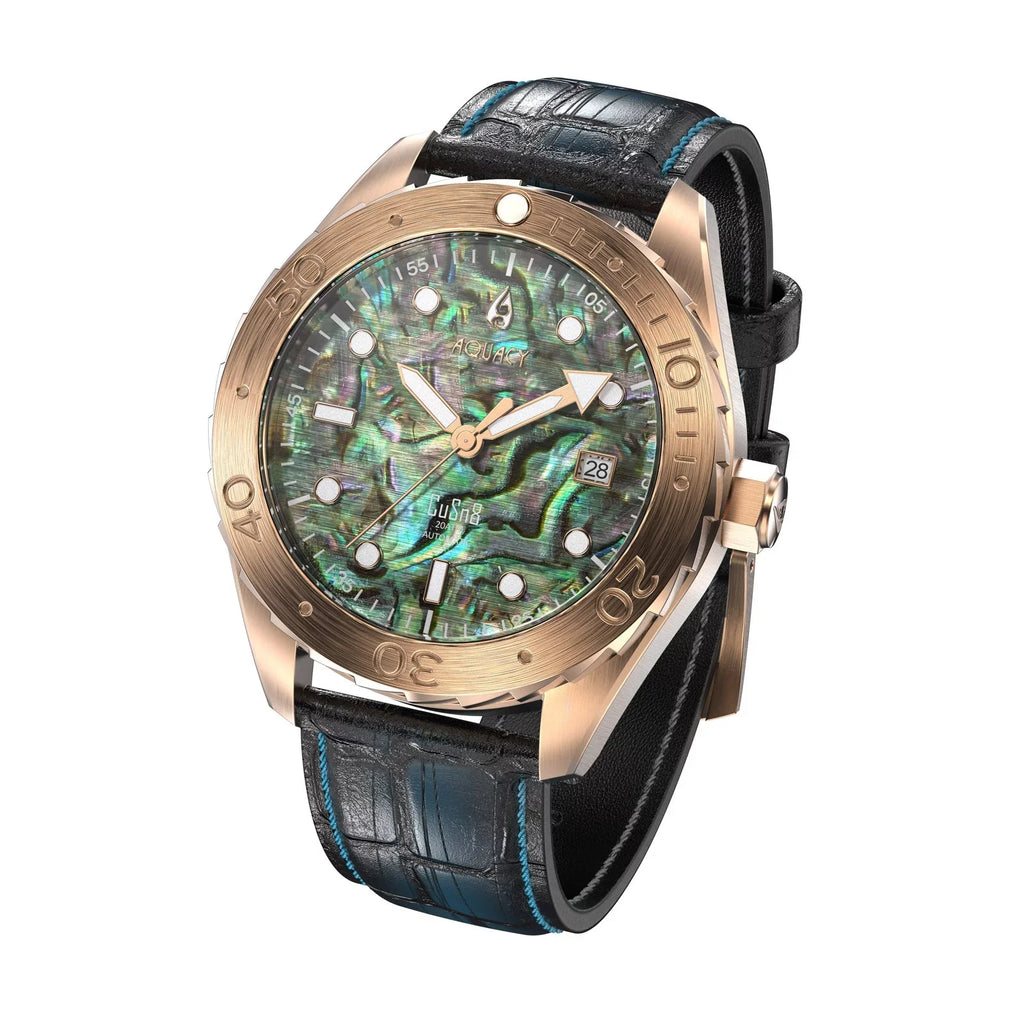 Aquacy Bronze CuSn8 Abalone Automatic Diver Watch BR.AB.8215.L - Screw Down 316L Stainless Case Back - 200M liquid Resistance - 40 Hours Approx Power Reserve Dive Swimming Wrist Watches For Men