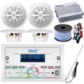 21-29' Pontoon vessel Audio Bundle: Pyle Double DIN Bluetooth Marine Receiver, 4x 6.5'' Waterproof White Speakers, 4-Channel Amplifier, Amp Installation Kit, 18 Gauge 50 FT Speaker Wire, Radio Antenna