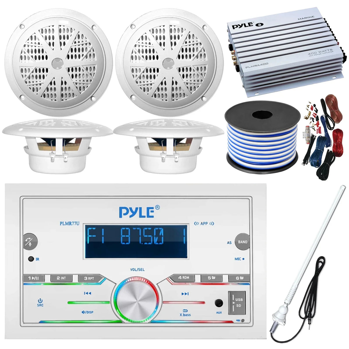 21-29' Pontoon vessel Audio Bundle: Pyle Double DIN Bluetooth Marine Receiver, 4x 6.5'' Waterproof White Speakers, 4-Channel Amplifier, Amp Installation Kit, 18 Gauge 50 FT Speaker Wire, Radio Antenna