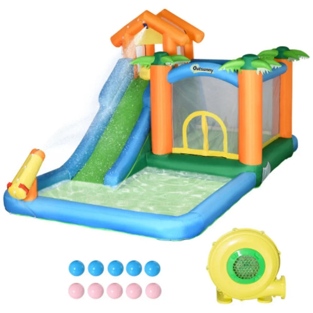 Outsunny 6-in-1 Tropical Inflatable liquid Slide Summer Theme Jumping Castle Includes Floating Ball Slide Trampoline Pool Cannon Climbing Wall with Carry Bag, Repair Patches and 450W Air Blower
