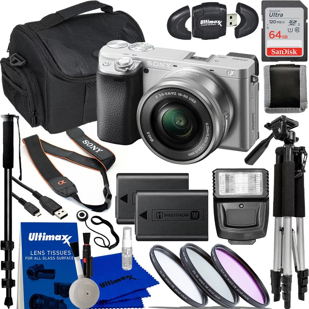 Includes: 64GB Memory Card, 1x Seller Replacement Battery, Digital Slave Flash, & More..  Alpha a6400 Mirrorless Digital Camera (Silver) with 16-50mm Lens & 17pc Must Have Accessory Bundle