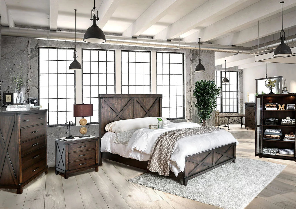 Rustic Style Dark Walnut Transitional Bedroom Furniture 1pc Bed Plank Style HB FB Eastern King Size Bed Solid Wood