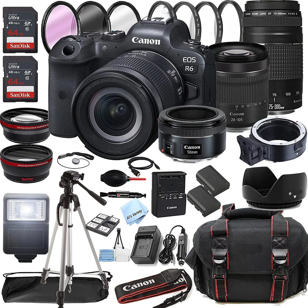 EOS R6 Mirrorless Digital Camera with RF 24-105mm f/4-7.1 STM Lens + 75-300mm F/4-5.6 III Lens + 50mm f/1.8 STM Lens + 128GB Memory + Case + Tripod + Filters 43pc Bundle