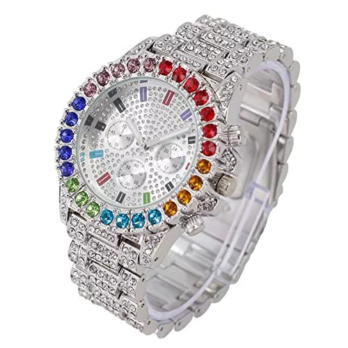 Iced Out Colourful Rainbow Flame Collection (ST10327CO-C SLV). Charles Raymond Iced Out Mens Color on Blast Watch Single or Combo Sets with Blinged Out Bracelets Set