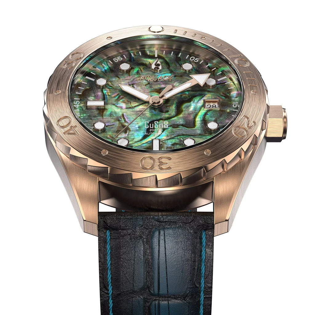 Aquacy Bronze CuSn8 Abalone Automatic Diver Watch BR.AB.8215.L - Screw Down 316L Stainless Case Back - 200M liquid Resistance - 40 Hours Approx Power Reserve Dive Swimming Wrist Watches For Men
