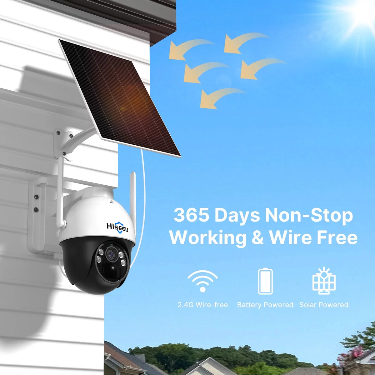 Hiseeu Rechargeable Battery 2K/3MP Solar Wireless Security Camera,360 View Pan/Tilt,8X digital zoom,2-Way Audio,Color Night Vision,Spotlights,SD Card Slot,Smart AI Detection