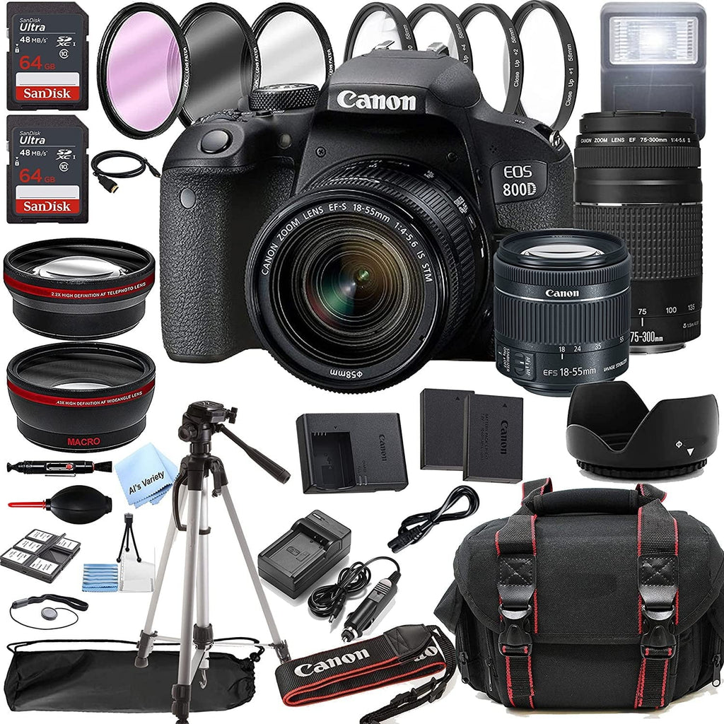 EOS 800D Rebel T7i DSLR Camera w/EF-S 18-55mm F/4-5.6 is STM Zoom Lens + 75-300mm F/4-5.6 III Lens + 128GB Memory + Case + Tripod + Filters 38pc Bundle