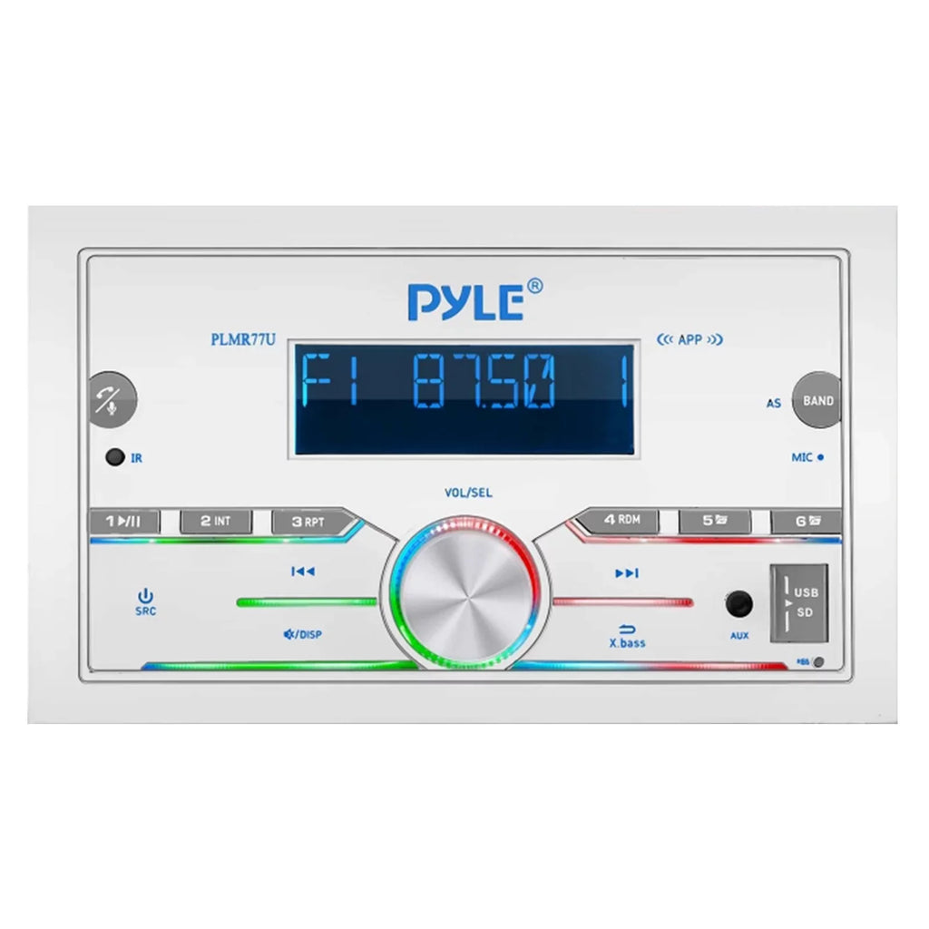 21-29' Pontoon vessel Audio Bundle: Pyle Double DIN Bluetooth Marine Receiver, 4x 6.5'' Waterproof White Speakers, 4-Channel Amplifier, Amp Installation Kit, 18 Gauge 50 FT Speaker Wire, Radio Antenna
