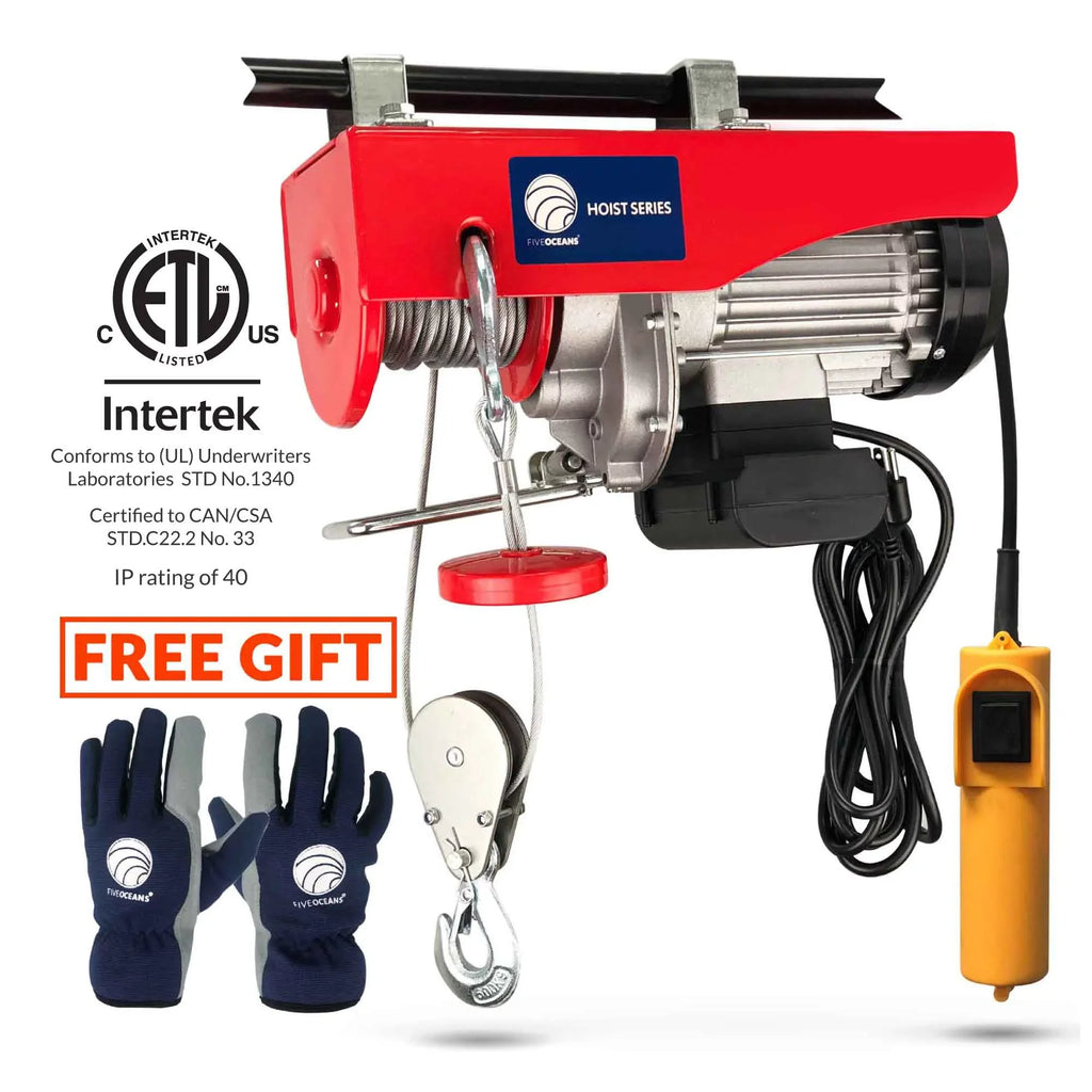 Five Oceans Electric Hoist, Hoist Pulley System, Pulley Hoist, 440 Lb Electric Winch 20FT Remote Control 120 V, Includes Working Gloves for Garage, Factory Lifting Emergency Stop Button - FO3780-C1