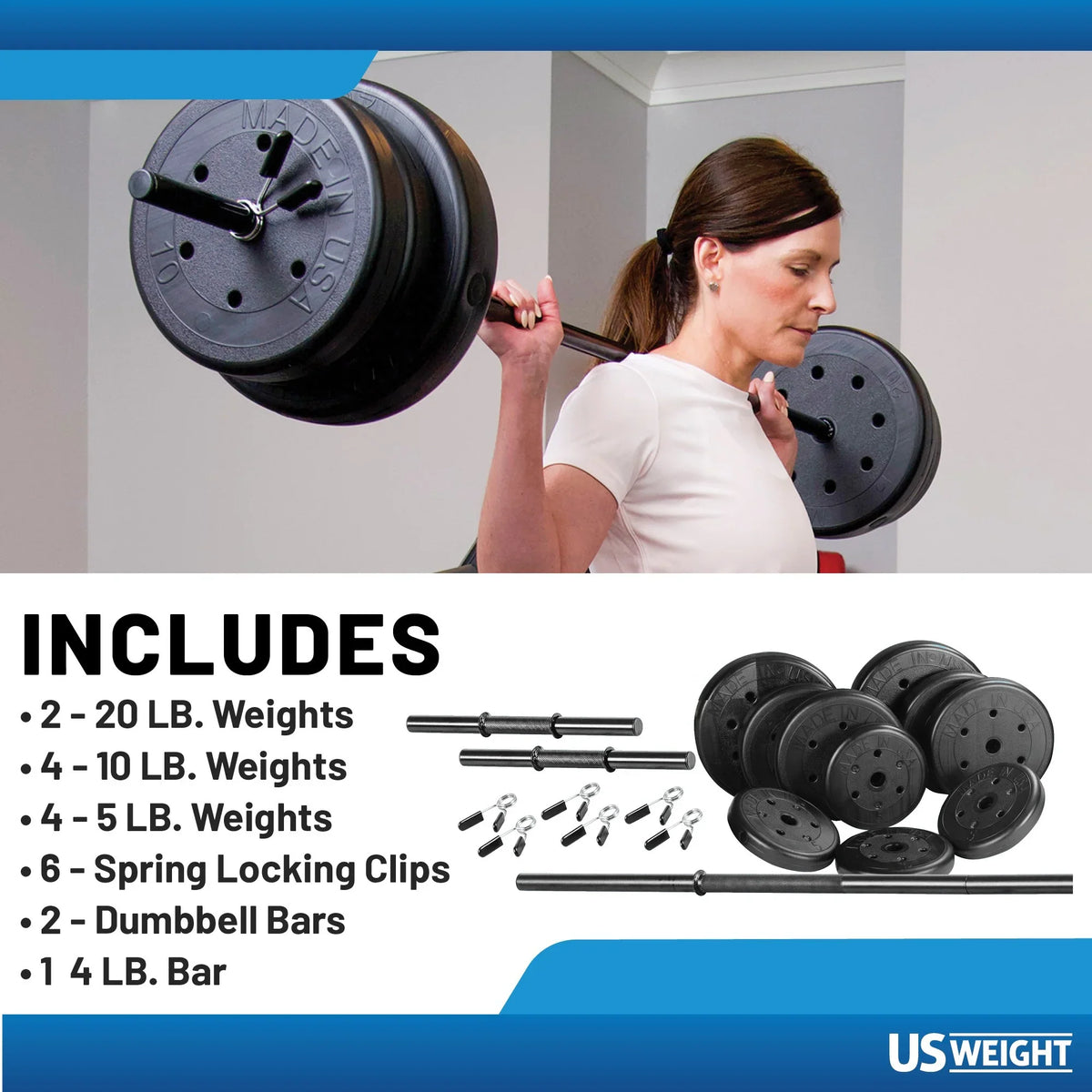 Weights, Two Dumbbell Bars & Full 6-foot Length Bar. and Four 5 lb. 105 lb Barbell and Dumbell  Weight Set Featuring Two 20 lb., Four 10 lb