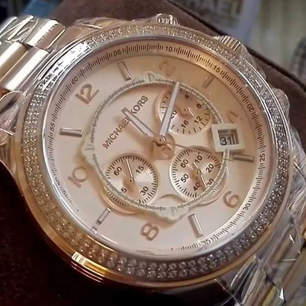 Michael Kors Rose Golden Stainless Steel Band, Case With Embedded Stones and Dial with Chronograph, Ladies Watch - MK5576