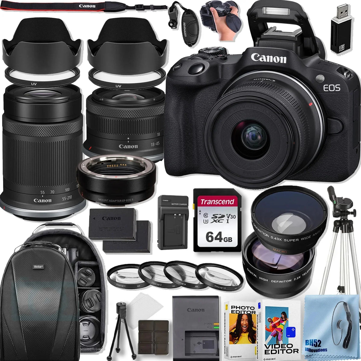 EOS Rebel SL3 DSLR Camera With EF-S 18-55mm f/4-5.6 IS STM Lens + 64 GB Memory + Hood + Extra Battery + Battery Charger + Filters + More (27pc Bundle)