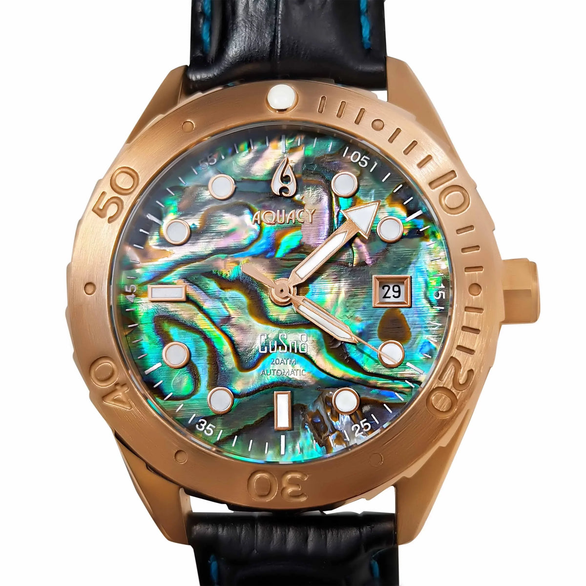 Aquacy Bronze CuSn8 Abalone Automatic Diver Watch BR.AB.8215.L - Screw Down 316L Stainless Case Back - 200M liquid Resistance - 40 Hours Approx Power Reserve Dive Swimming Wrist Watches For Men