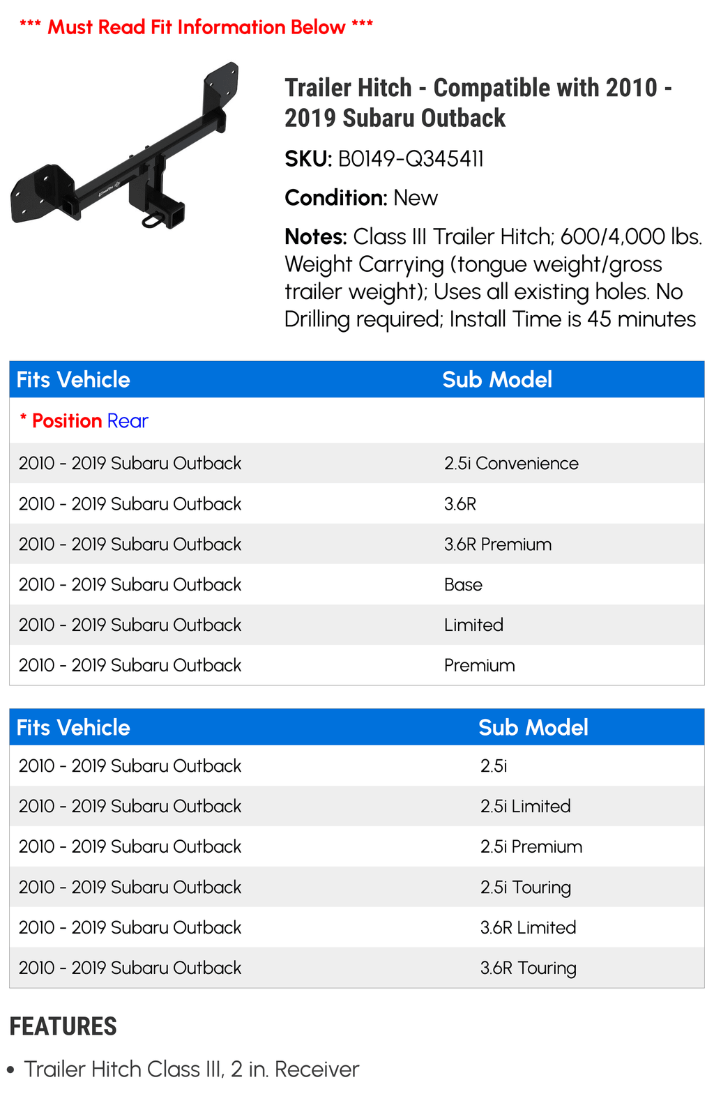 Trailer Hitch - matching with 2010 - 2019 Subaru Outback 2011 2012 2013 2014 2015 2016 2017 2018