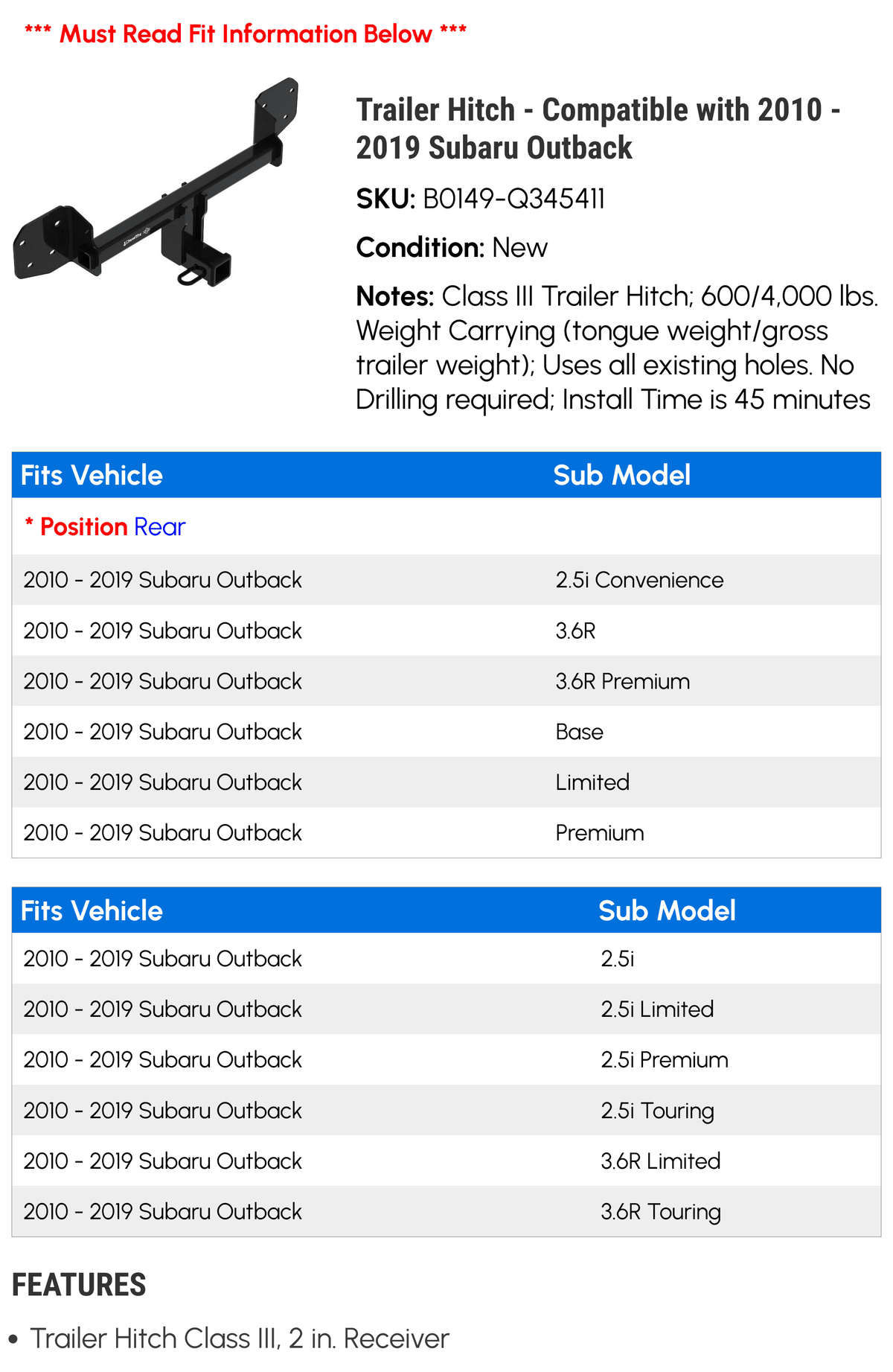Trailer Hitch - matching with 2010 - 2019 Subaru Outback 2011 2012 2013 2014 2015 2016 2017 2018