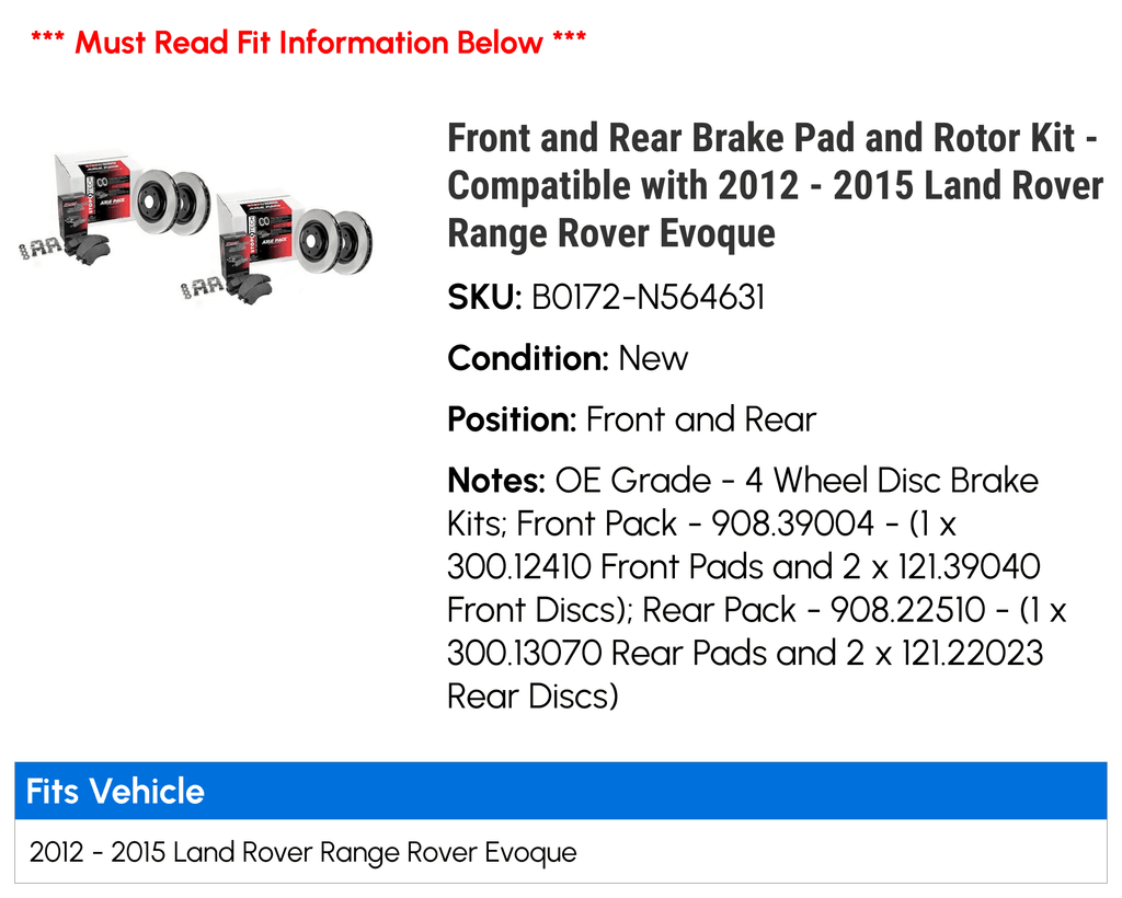Front and Rear Brake Pad and Rotor Kit - matching with 2012 - 2015 Land Rover Range Rover Evoque 2013 2014