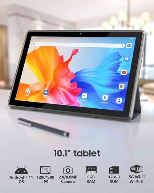 10 Inch Android 11 Tablet PC, 6GB RAM 128GB ROM/1TB Expandable Computer Tablets, BT 5G Wi-Fi 6 Quad Core Tableta, IPS HD Touch Screen, 8MP Camera, Google GMS Certified Tablets with Leather Case(Black)