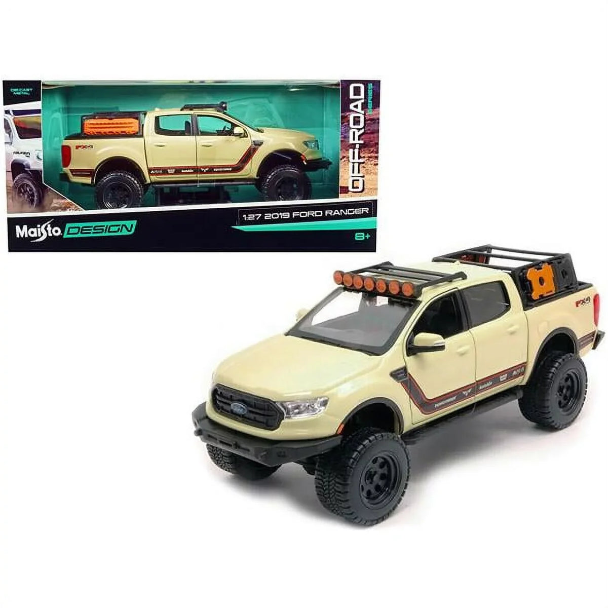 Maisto  1-27 Scale Diecast 2019  Ranger Lariat Fx4 Pickup Truck Sand with Stripe off Road Series Model Car, Tan