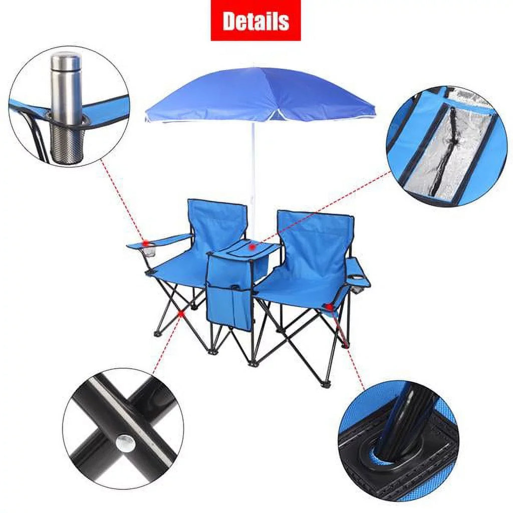 SYTHERS Double Outdoor Folding Beach Chair, High Strength Camping Chair with Mini Table Beverage Holder Carrying Bag, for Beach Patio Pool Park Outdoor Portable Camping Chair, Blue