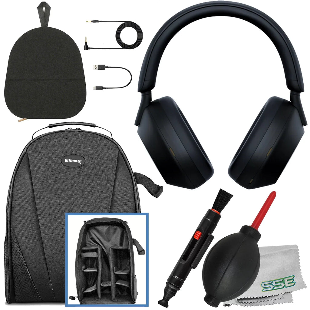Ultimaxx Essential  WH-1000XM5 Noise-Canceling Wireless Over-Ear Headphones Bundle (Black) - Includes: moisture-protected Gadget Backpack & More (7pc Bundle)