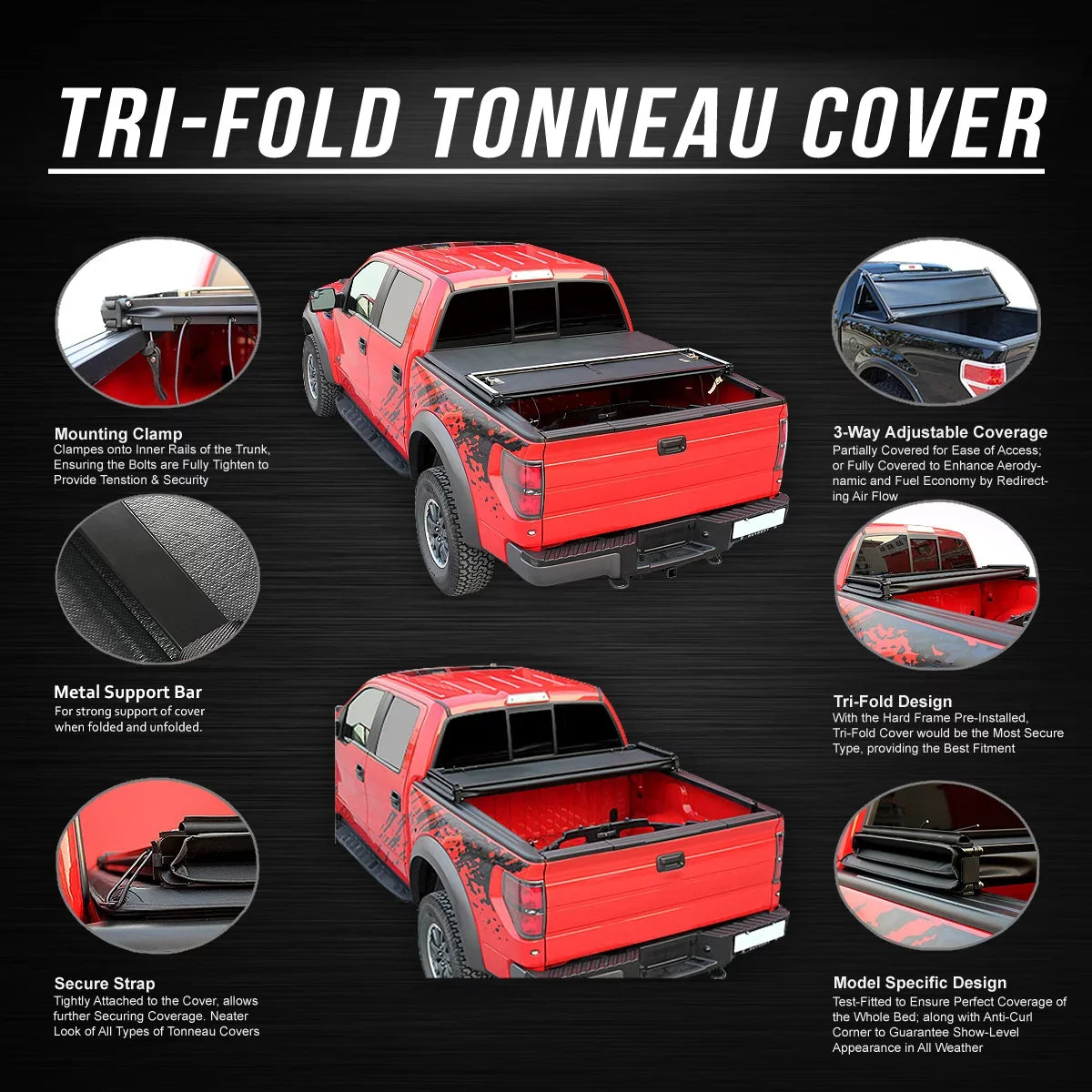 For 2009 to 2022 Dodge Ram 1500 2500 3500 6.5Ft Fleetside Bed Matte Black Soft Top Tri-Fold Adjustable Tonneau shield Kit