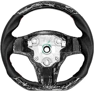 Cobra-tek Carbon Fiber Steering Wheel Forged appropriate with Tesla 3 2017 - 2018 - 2019 - 2020 - 2021 - 2022 - Red Stitches - Non-Slip and Protection - Hand-Saber