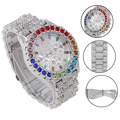 Iced Out Colourful Rainbow Flame Collection (ST10327CO-C SLV). Charles Raymond Iced Out Mens Color on Blast Watch Single or Combo Sets with Blinged Out Bracelets Set