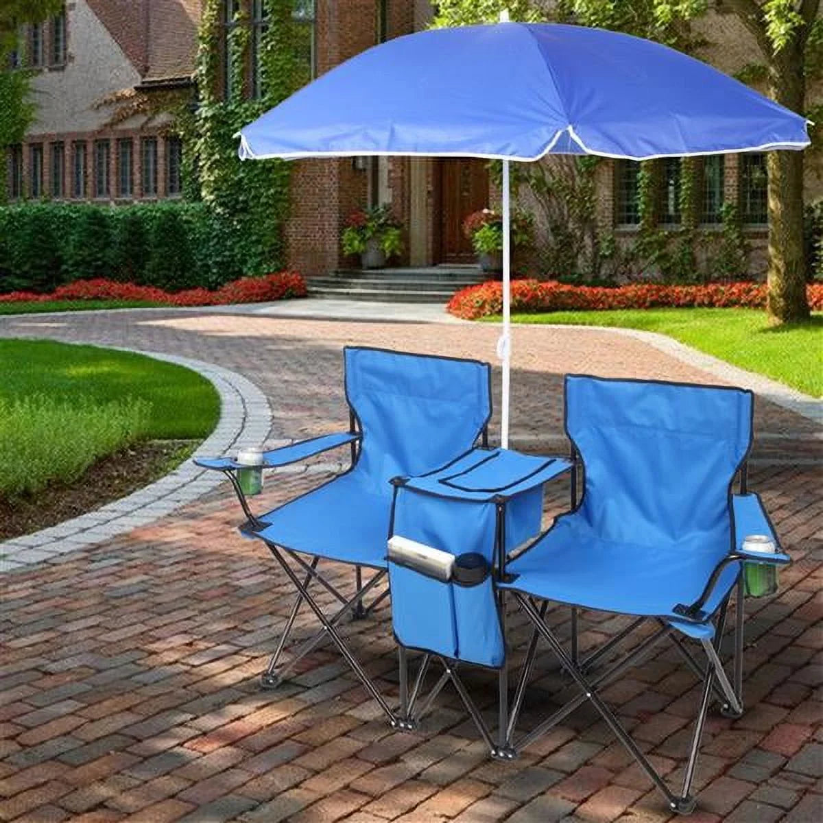 SYTHERS Double Outdoor Folding Beach Chair, High Strength Camping Chair with Mini Table Beverage Holder Carrying Bag, for Beach Patio Pool Park Outdoor Portable Camping Chair, Blue