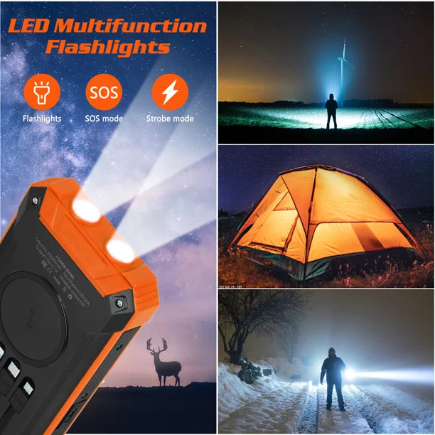 Solar Power Bank 20000mAh Built-in 4 Cables Qi Wireless Charger For Motorola Moto E6s (2020) with LED Flashlight Solar Portable External Battery IPX4 Waterproof 15W 5V/3A USB C Port 6 Outputs 3 Inputs