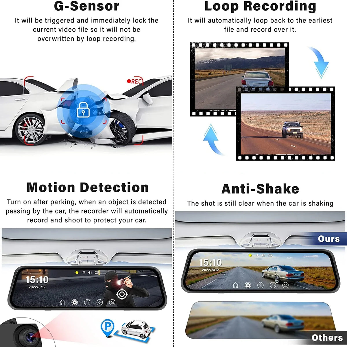 Erago Rear View Mirror Camera, Dash Cam Front and Rear Full Touch Screen  FHD 1080p for Car , Waterproof Backup WDR Camera, Night Vision, G-Sensor, Parking Moniter