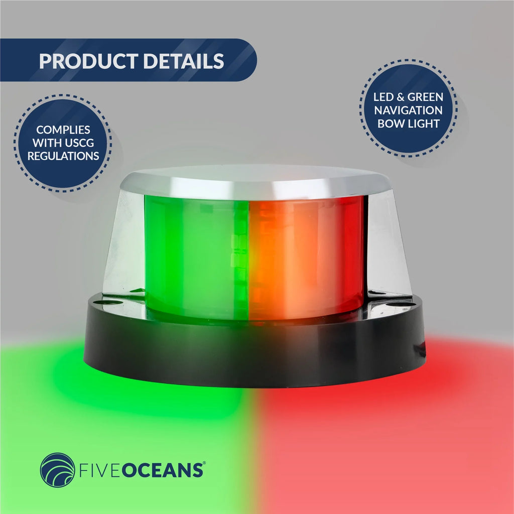 Five Oceans ship Navigation Lights - LED Bow Light, Navigation Lights for Boats LED Red and Green, ship Lights Navigation Horizontal Mount Bi-Color Light, 12V, USCG Rules 2NM - FO4429
