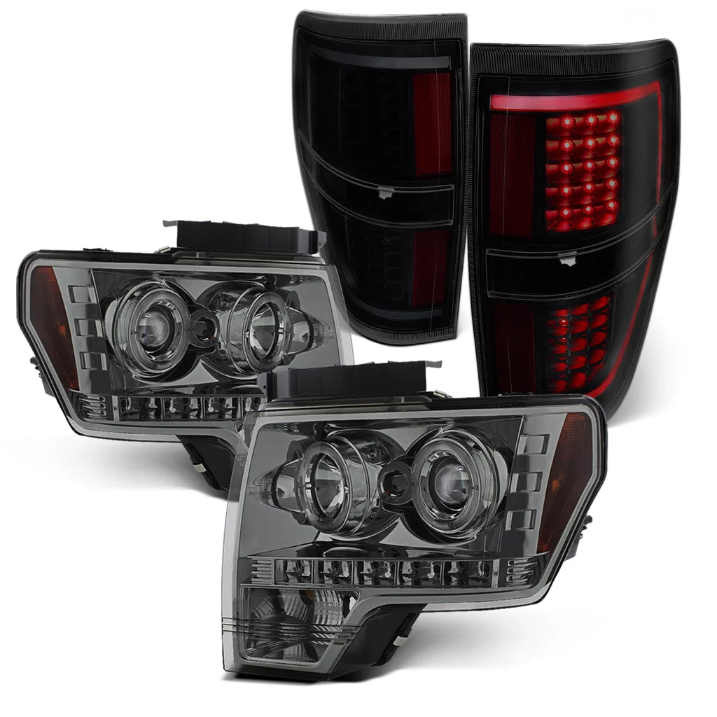 AKKON - Fits 2009-2014  F-150 F150 Dual Halo Projector Smoke Headlights + Black Smoked [C-Light Bar] LED Tail Lamp Combo