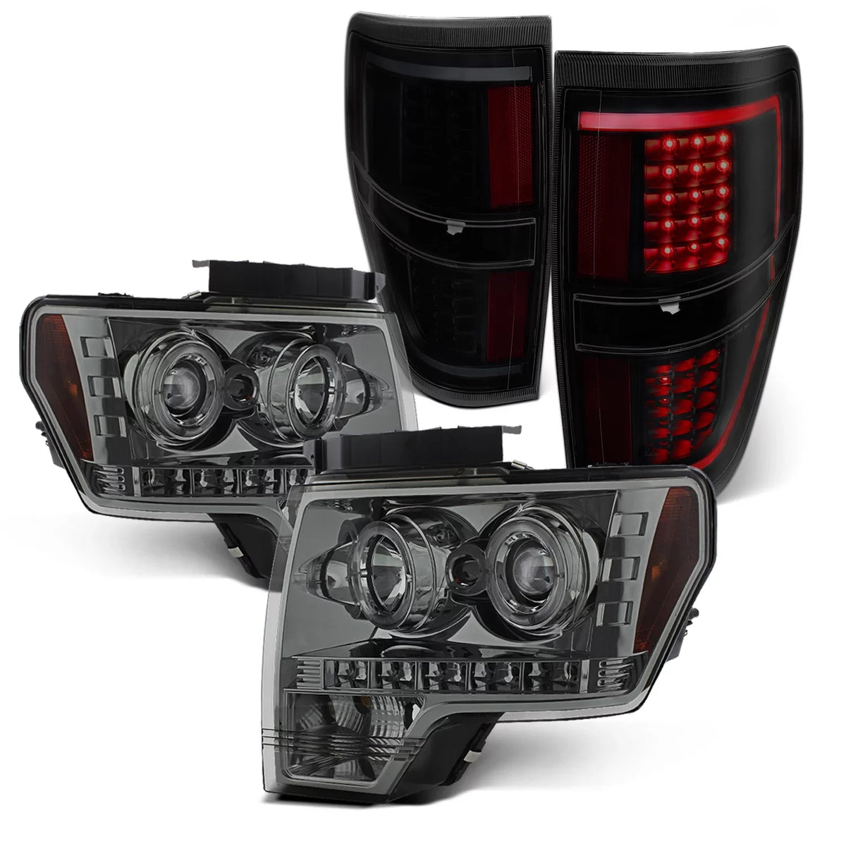 AKKON - Fits 2009-2014  F-150 F150 Dual Halo Projector Smoke Headlights + Black Smoked [C-Light Bar] LED Tail Lamp Combo