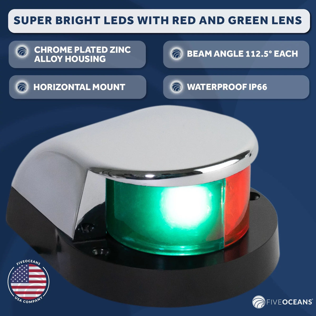 Five Oceans ship Navigation Lights - LED Bow Light, Navigation Lights for Boats LED Red and Green, ship Lights Navigation Horizontal Mount Bi-Color Light, 12V, USCG Rules 2NM - FO4429
