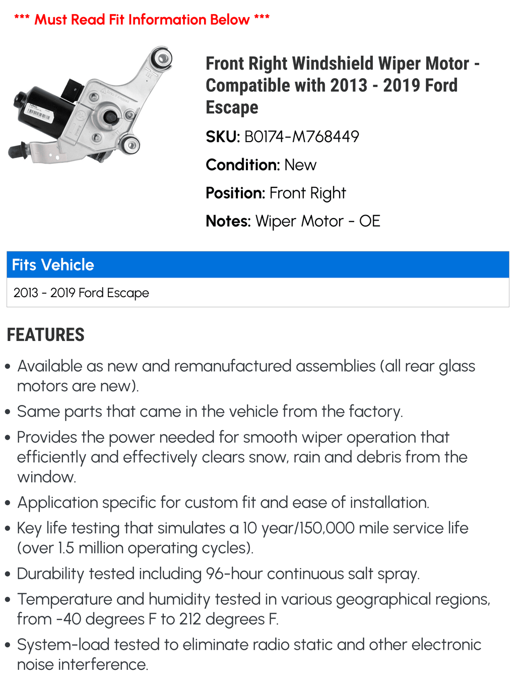 Front Right Windshield Wiper Motor - appropriate with 2013 - 2019  Escape 2014 2015 2016 2017 2018