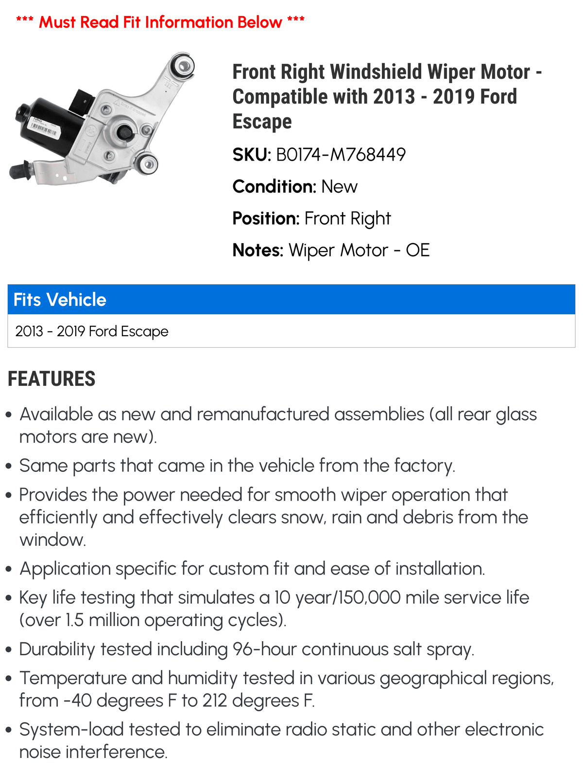 Front Right Windshield Wiper Motor - appropriate with 2013 - 2019  Escape 2014 2015 2016 2017 2018
