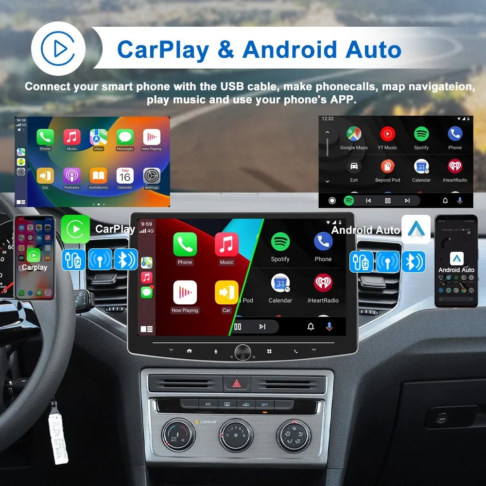 Single 1 Din 10 Inch Touch Screen Car Stereo Radio with  Carplay Android Auto Mirror Link HD Multimedia Player Bluetooth USB FM Audio Receiver USB including AHD Reversing Camera